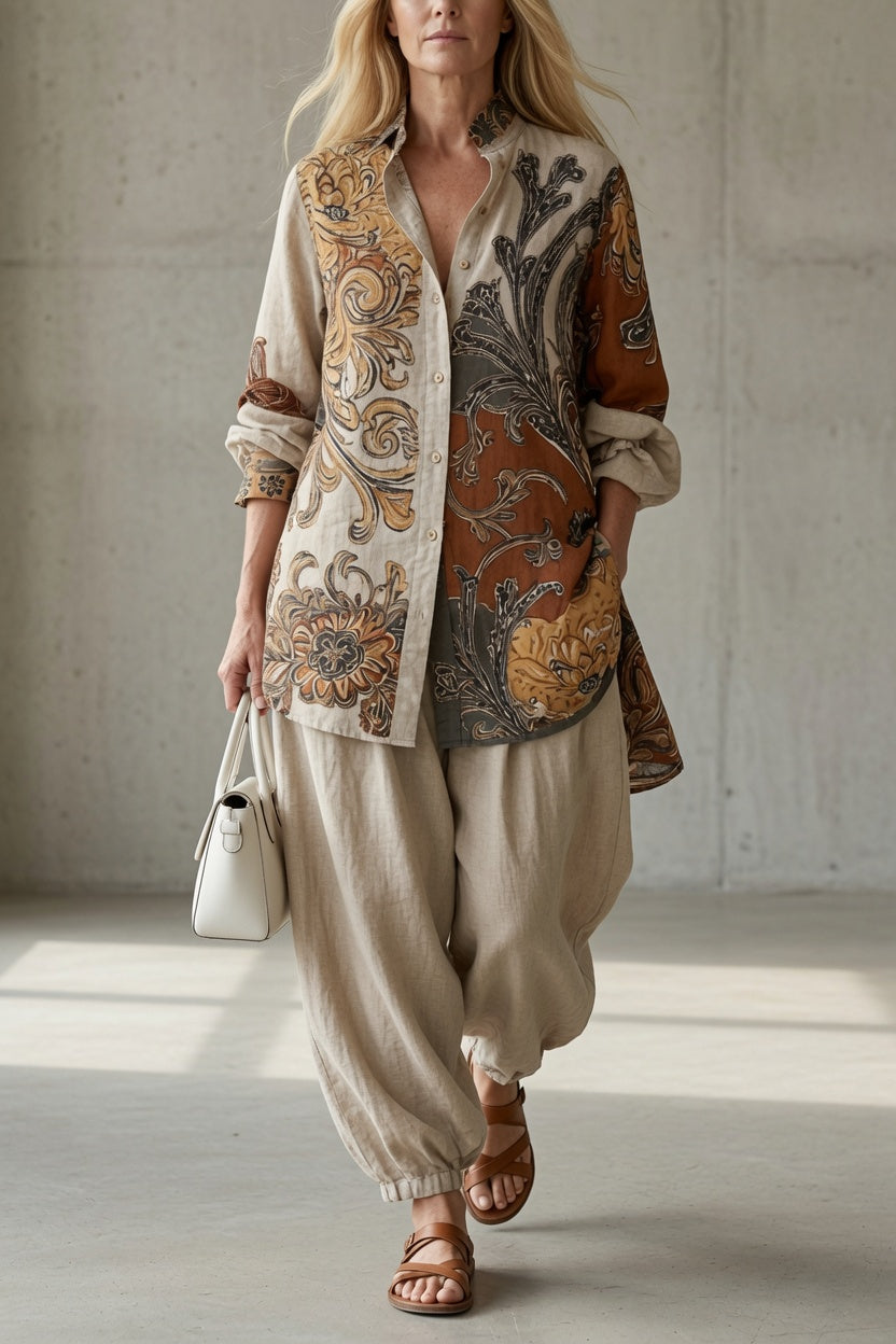 Completo donna con pantaloni fluidi e camicia stampata, per il massimo comfort. Outfit estivo vintage e casual.