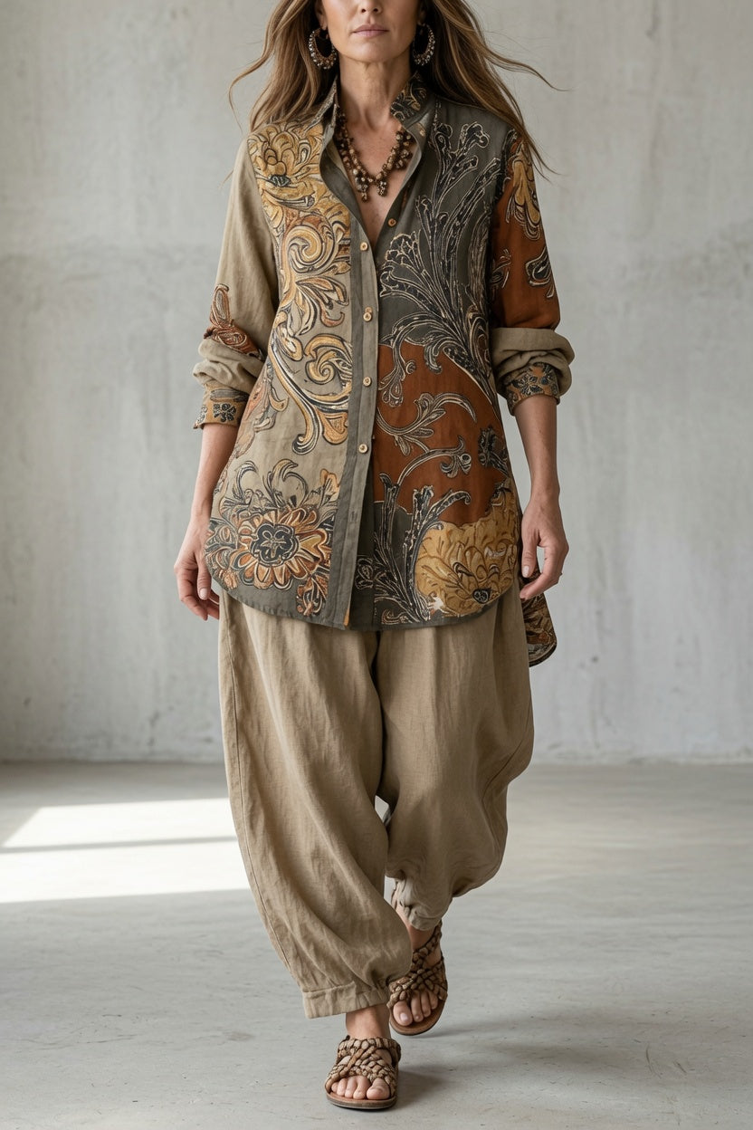 Completo donna vintage: camicia stampata e pantaloni fluidi. Stile bohémien, ideale per un outfit estivo casual.