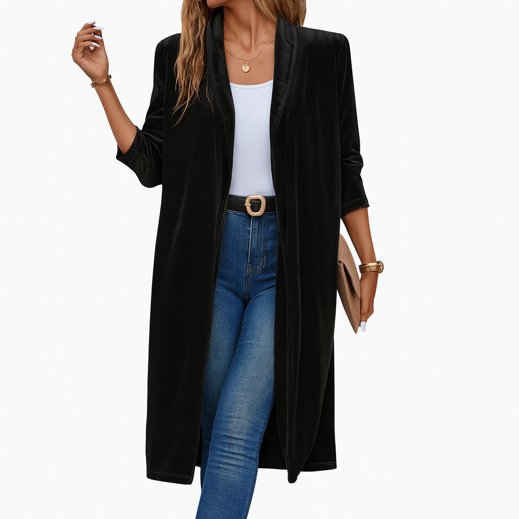 Cardigan donna aperto a maniche lunghe con tasche. Ideale per moda autunnale e abbigliamento invernale comodo.