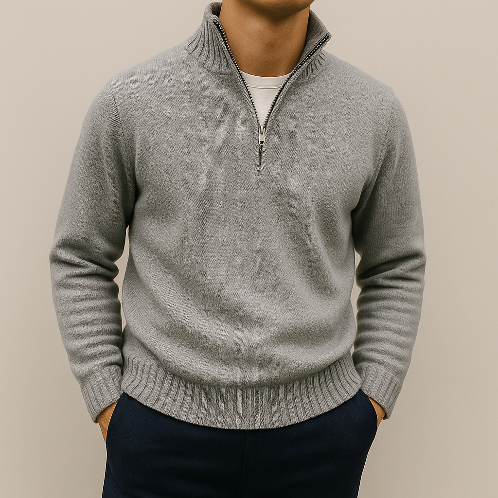 Pullover elegante uomo con mezza zip, maglia comoda per look casual o raffinati, moda invernale.