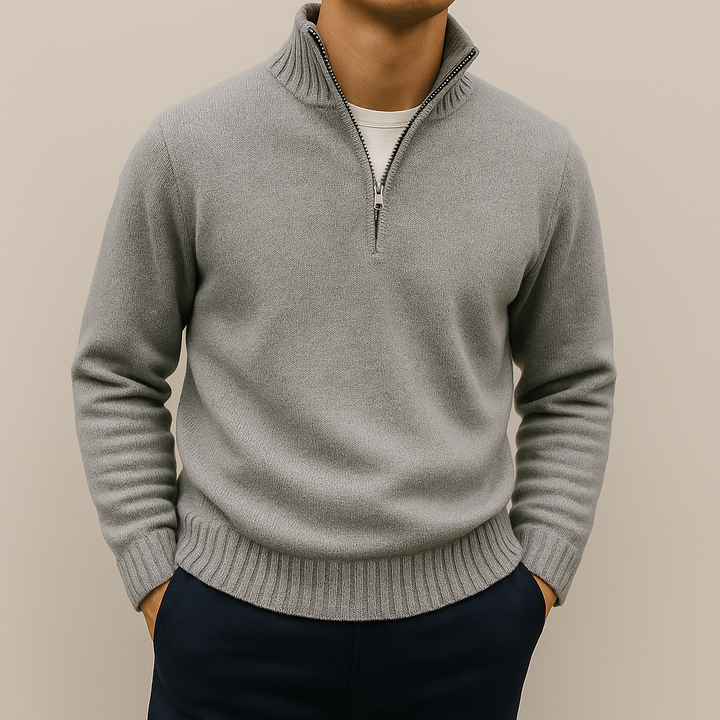Pullover elegante uomo con mezza zip, maglia comoda per look casual o raffinati, moda invernale.