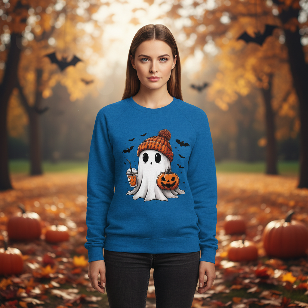 Felpa girocollo da donna Halloween con stampa di fantasmi e pipistrelli, perfetta per feste autunnali.