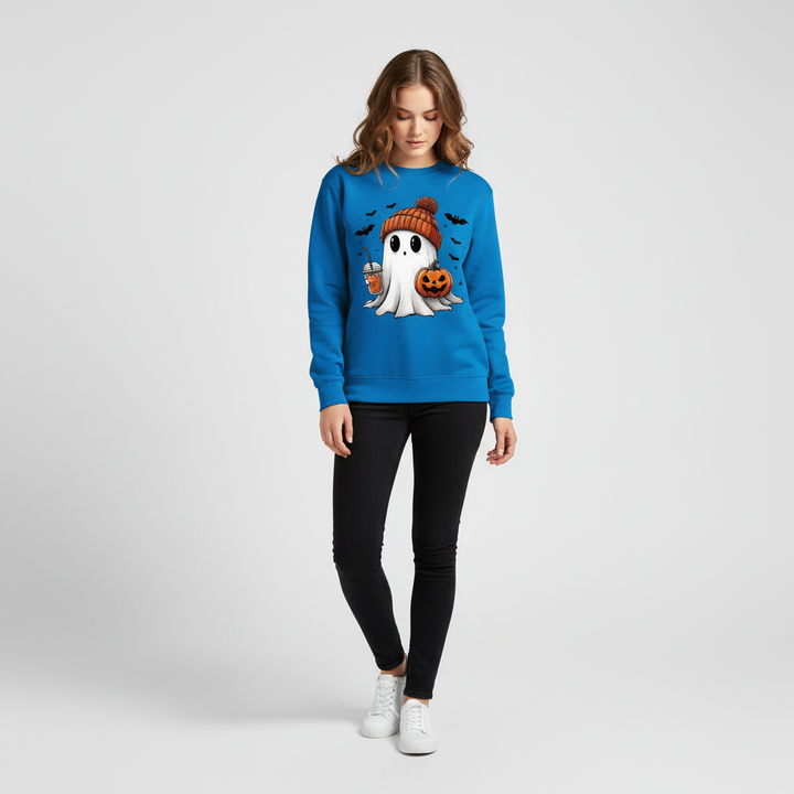 Felpa donna Halloween con stampa spettrale di fantasmi e pipistrelli per un look divertente e casual.