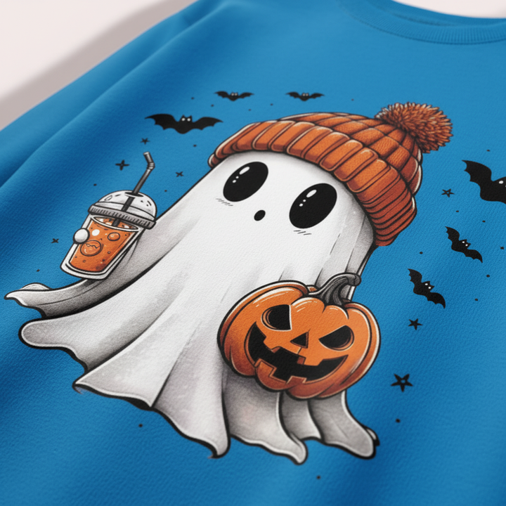 Comoda felpa girocollo da donna per Halloween, con stampa di fantasma e pipistrello, ideale per il casual autunnale.