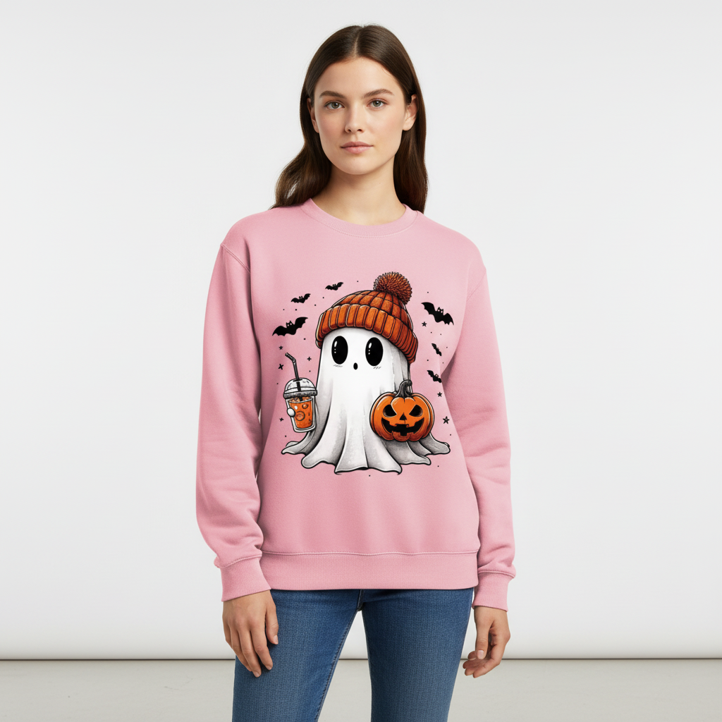 Moda donna Halloween: felpa girocollo trendy con stampa di fantasmi e pipistrelli per un tocco spettrale.