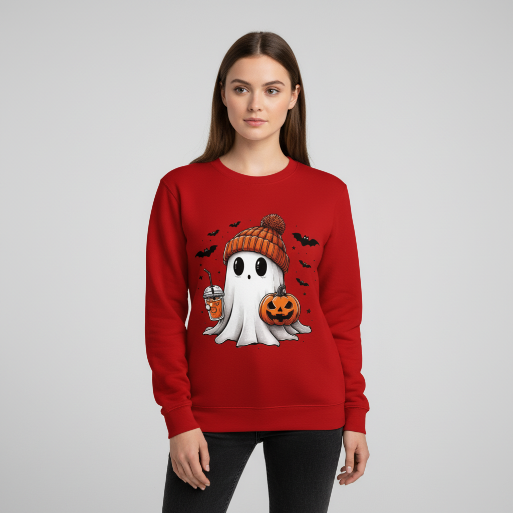 Felpa donna girocollo Halloween, stampa fantasma e pipistrello. Ideale per feste, comoda e casual autunnale.