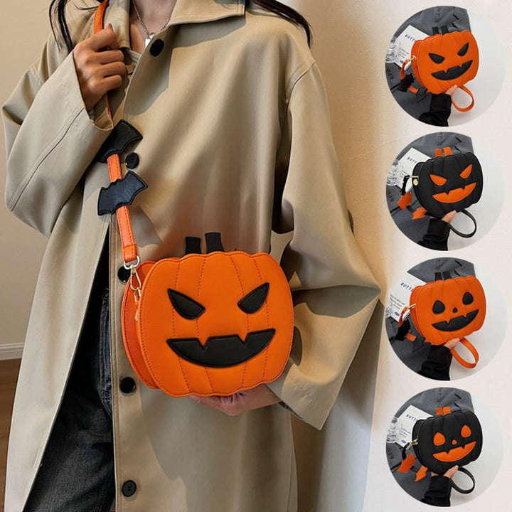 Borsa a tracolla Halloween da donna con zucca Jack-O-Lantern e pipistrelli neri, perfetta per la festa.