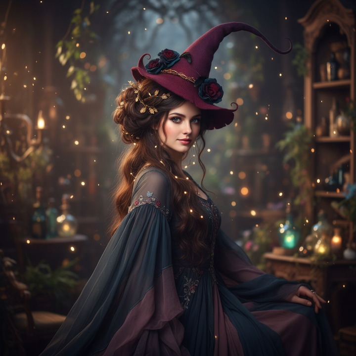 Dettaglio: cappello da strega in feltro con fiore viola scuro e finte ragnatele per costume Halloween.