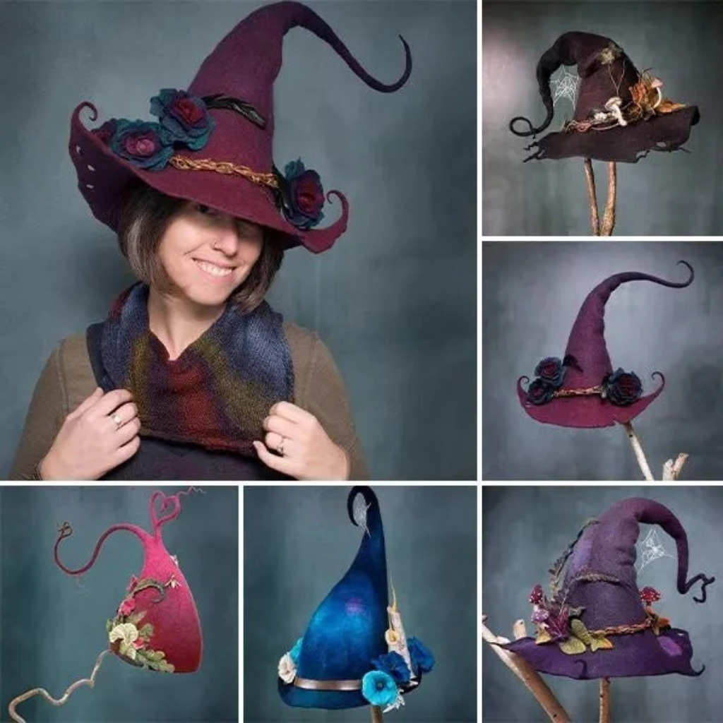 Accessorio per Halloween: cappello da strega in feltro nero, decorato con fiore misterioso e ragnatela.