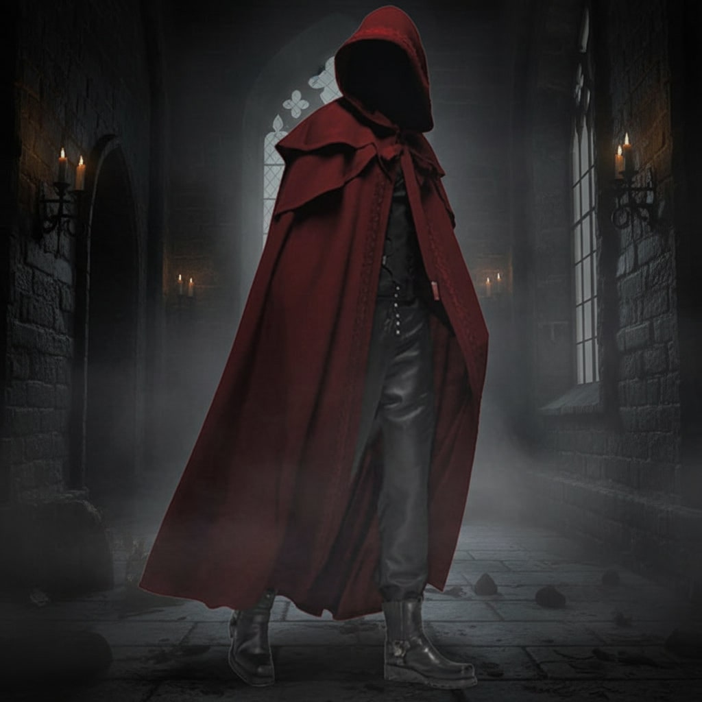 Costume mantello nero con cappuccio, ideale per cosplay, feste a tema e travestimenti misteriosi unisex.