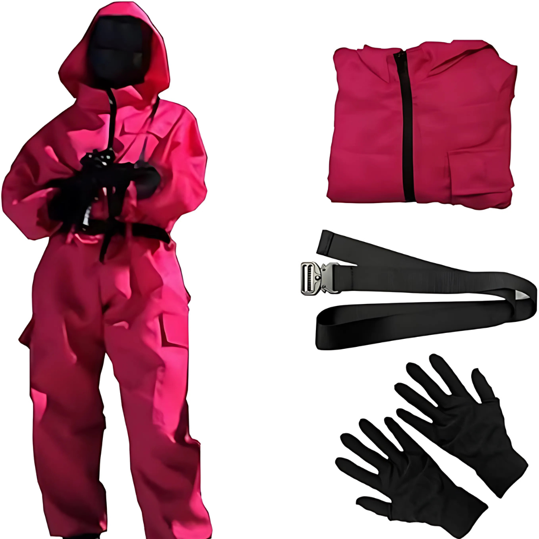 Tuta rossa unisex con cappuccio per Halloween, perfetta per cosplay o travestimenti di gruppo.