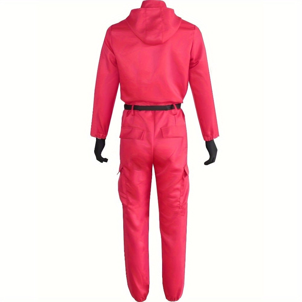 Elegante tuta rossa da Halloween con cappuccio, costume unisex versatile per cosplay e carnevale.