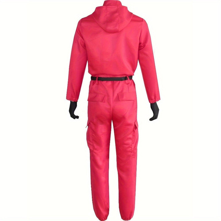 Elegante tuta rossa da Halloween con cappuccio, costume unisex versatile per cosplay e carnevale.