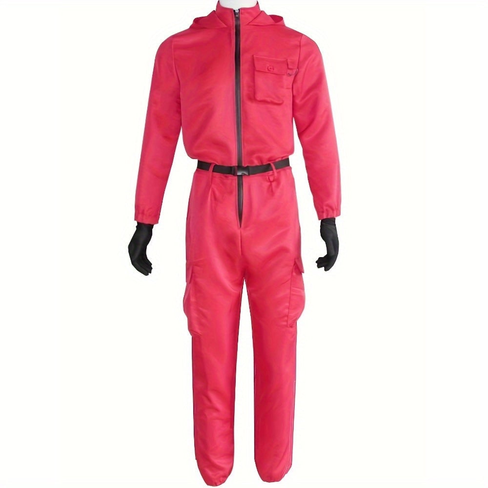 Tuta rossa intera con cappuccio, costume unisex comodo per Halloween, cosplay e travestimenti divertenti.