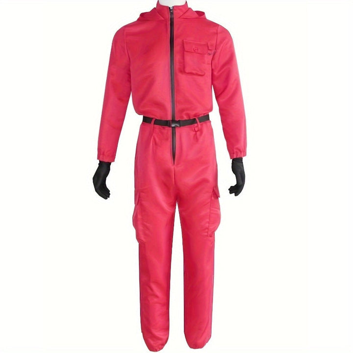 Tuta rossa intera con cappuccio, costume unisex comodo per Halloween, cosplay e travestimenti divertenti.