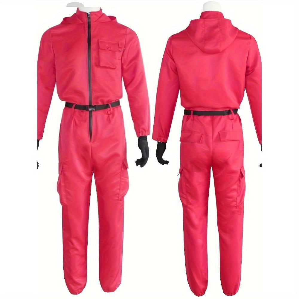 Jumpsuit rossa unisex con cappuccio, costume di Halloween e cosplay, include guanti. Ideale per feste.