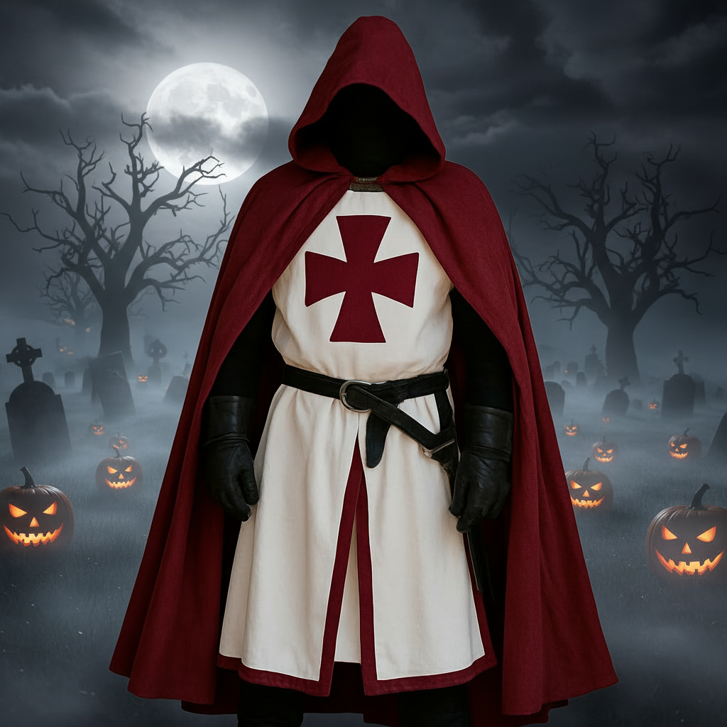 Costume da uomo templare medievale per Halloween, con tunica bianca e croce patente rossa, ideale per feste.