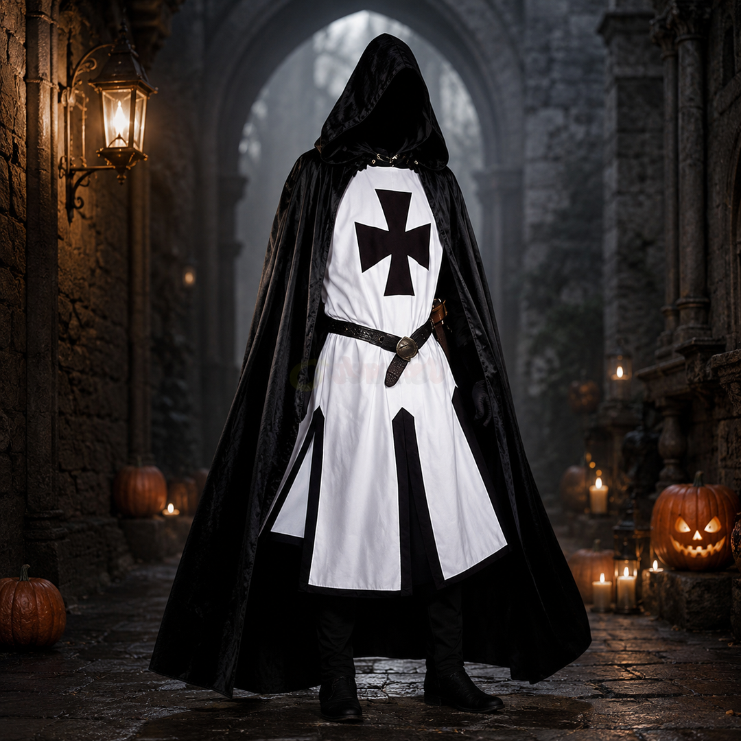 Travestimento da templare uomo per feste a tema medievale o Halloween, con tunica bianca e croce patente.