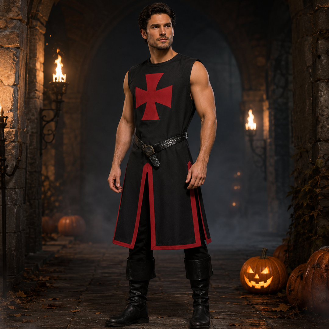 Dettaglio della croce patente rossa sul petto del costume da cavaliere templare medievale per cosplay o rievocazione.