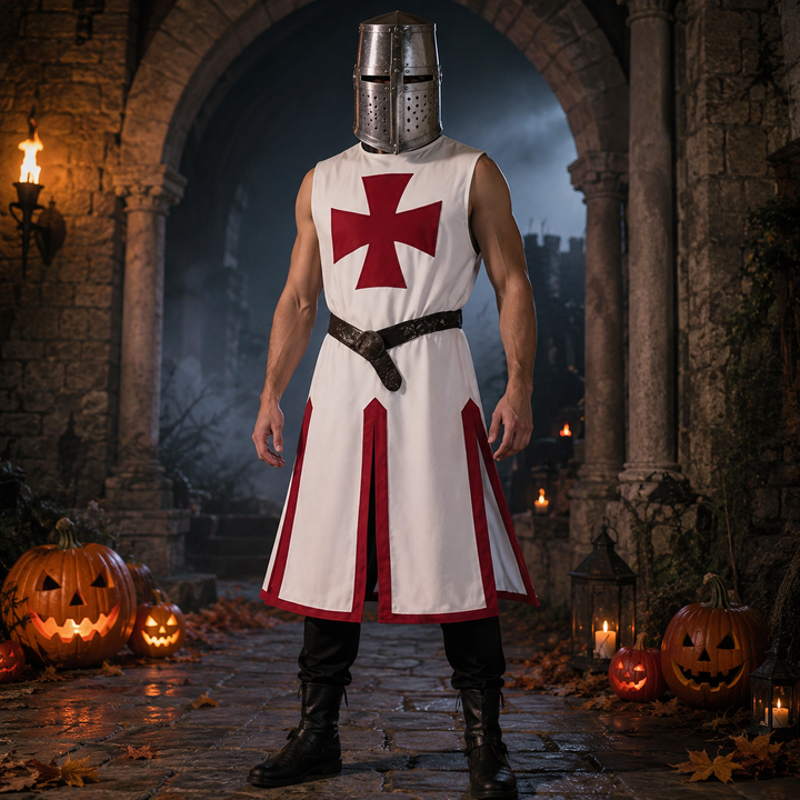 Costume templare uomo, tunica bianca in tessuto robusto con maniche lunghe, perfetto per carnevale o travestimenti storici.