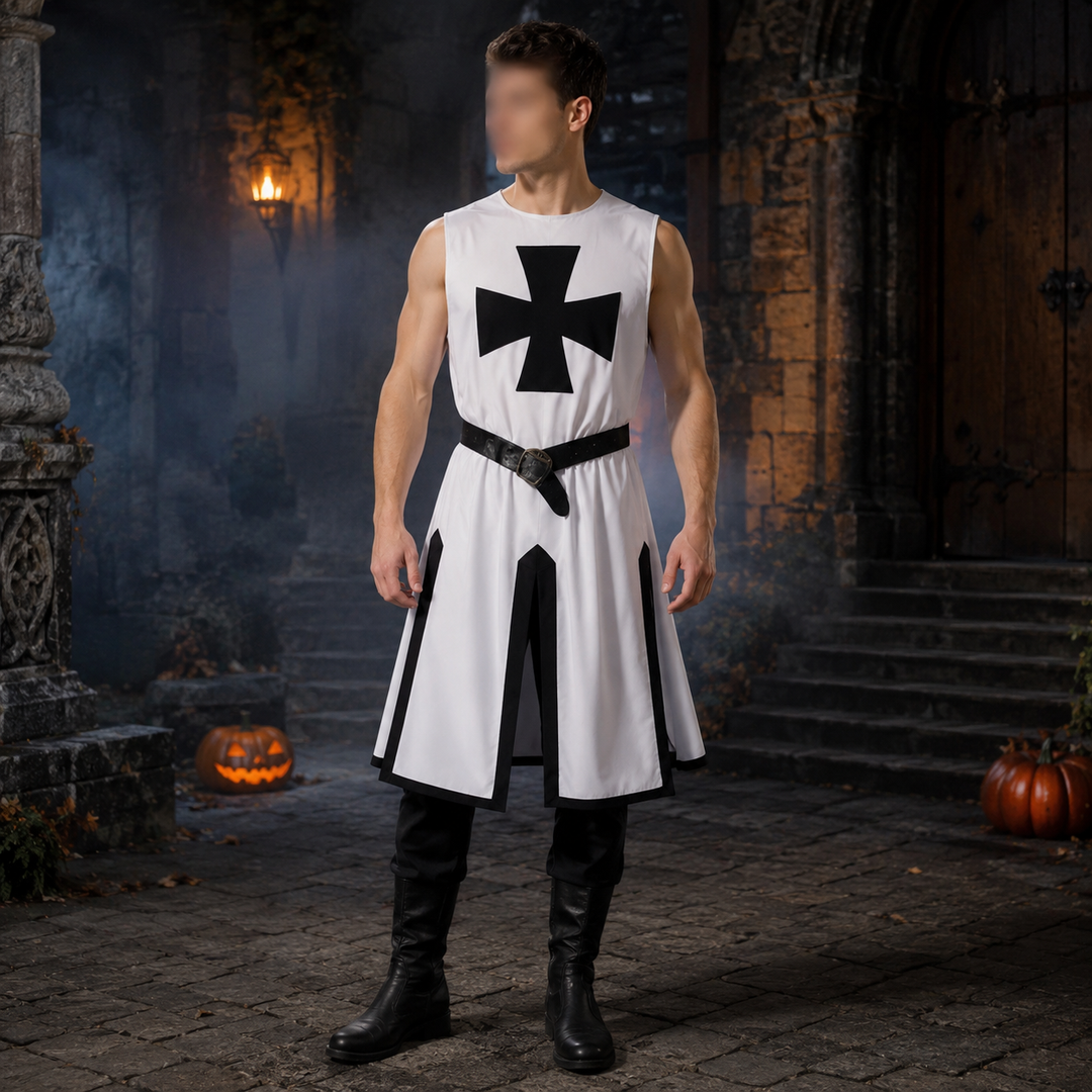 Costume da crociato medievale per uomo, con tunica bianca e grande croce patente rossa, ideale per rievocazioni e cosplay.