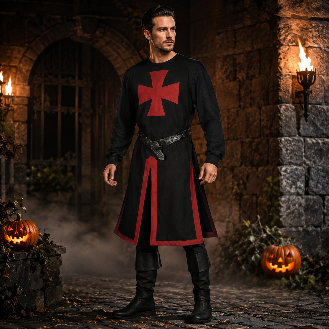 Uomo che indossa il costume da templare medievale, pronto per una festa di Halloween o una rievocazione storica accurata.