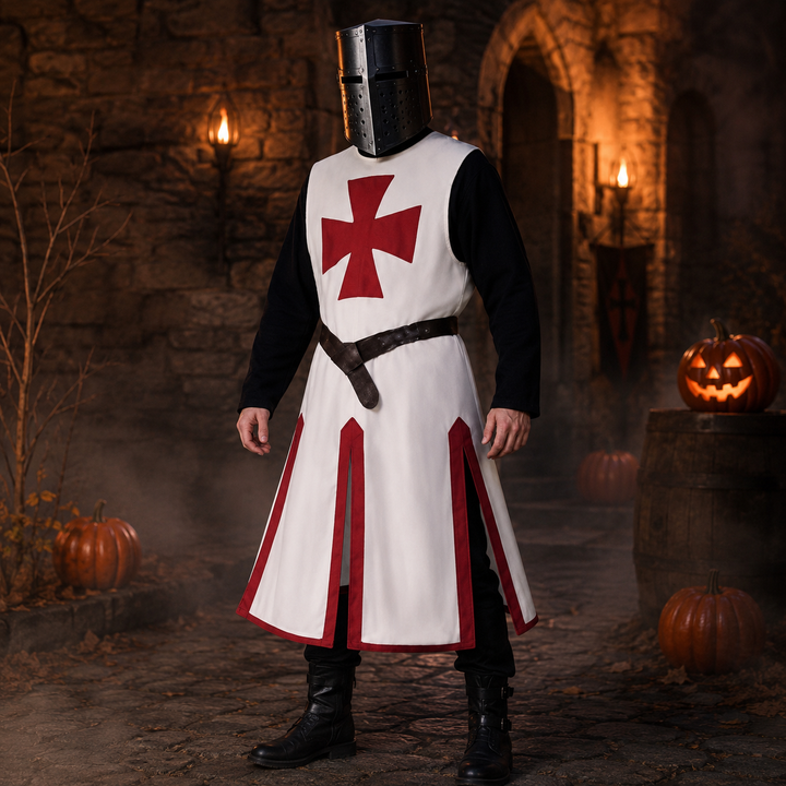 Costume storico da crociato templare per rievocazioni, presenta una tunica bianca con la distintiva croce patente rossa.