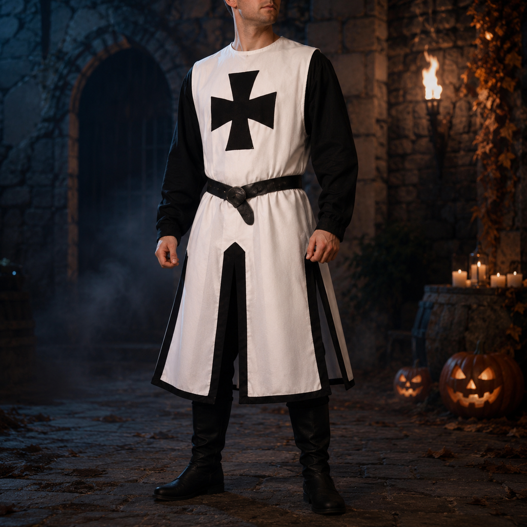 Costume da cavaliere templare per Halloween, travestimento medievale autentico con tunica e croce patente per uomini.