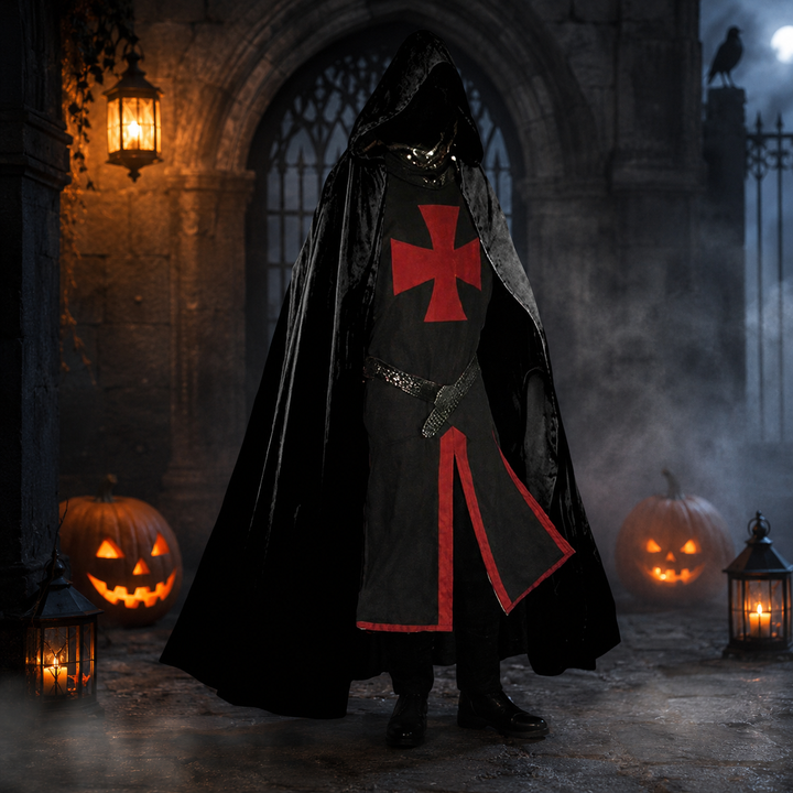 Cosplay di cavaliere templare: tunica medievale da uomo con croce patente, ideale per eventi storici e feste a tema.