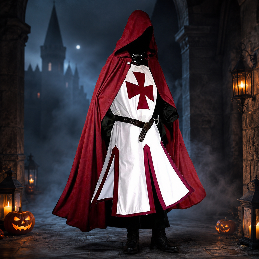 Elegante costume da uomo cavaliere templare medievale con croce patente, perfetto per carnevale, cosplay e feste.