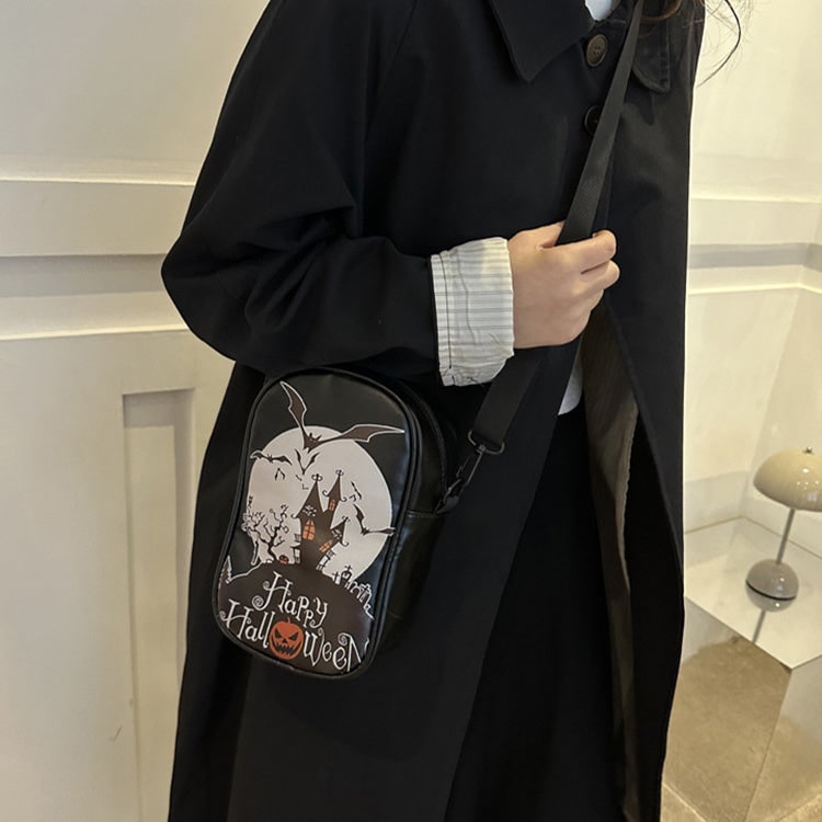 Borsa a tracolla da donna Halloween, con motivo zucca intagliata, accessorio moda per feste spettrali.