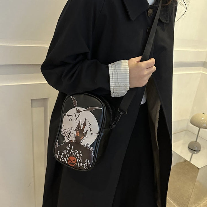 Borsa a tracolla da donna Halloween, con motivo zucca intagliata, accessorio moda per feste spettrali.