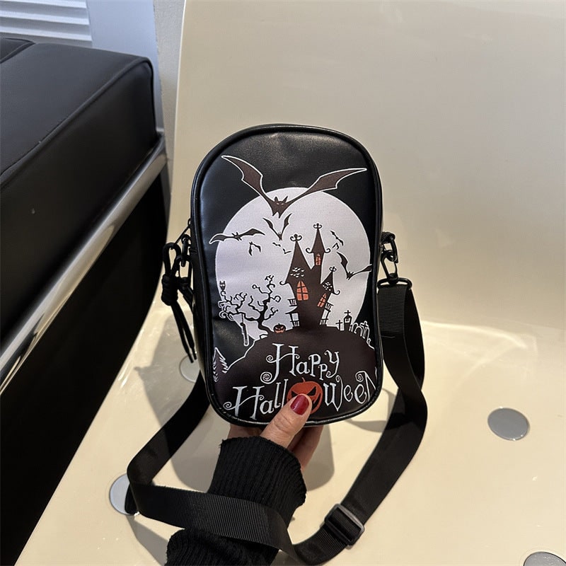 Accessorio moda donna: borsa a tracolla Halloween con stampa di pipistrelli e luna per un tocco gotico.