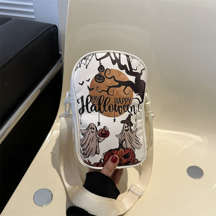 Borsa a tracolla donna Halloween, regalo ideale, con illustrazioni di fantasmi e ragnatele.