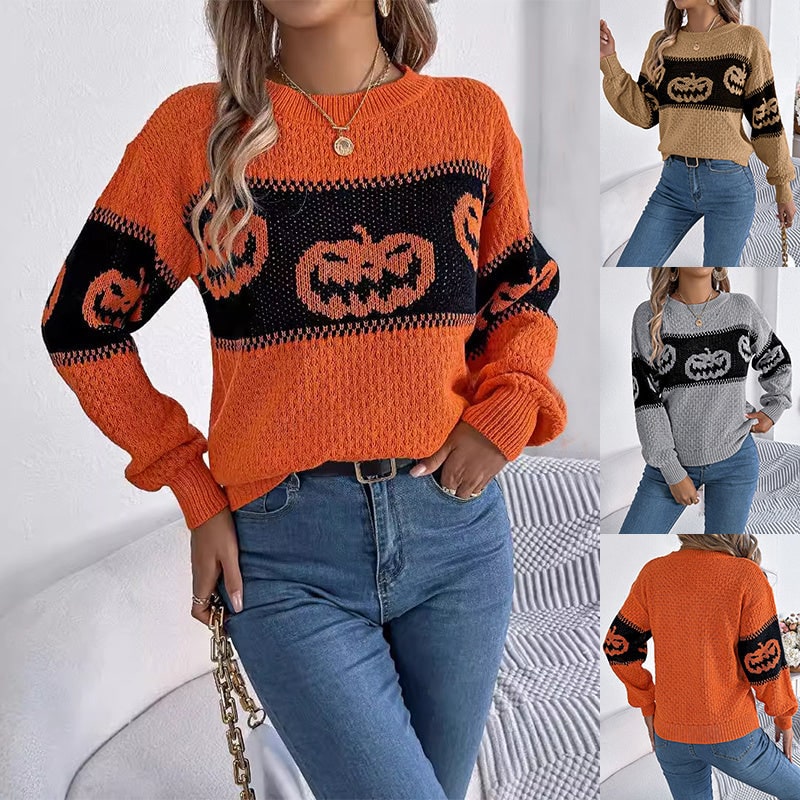 Maglione donna girocollo Halloween con zucca arancione, ideale per feste autunnali e casual.