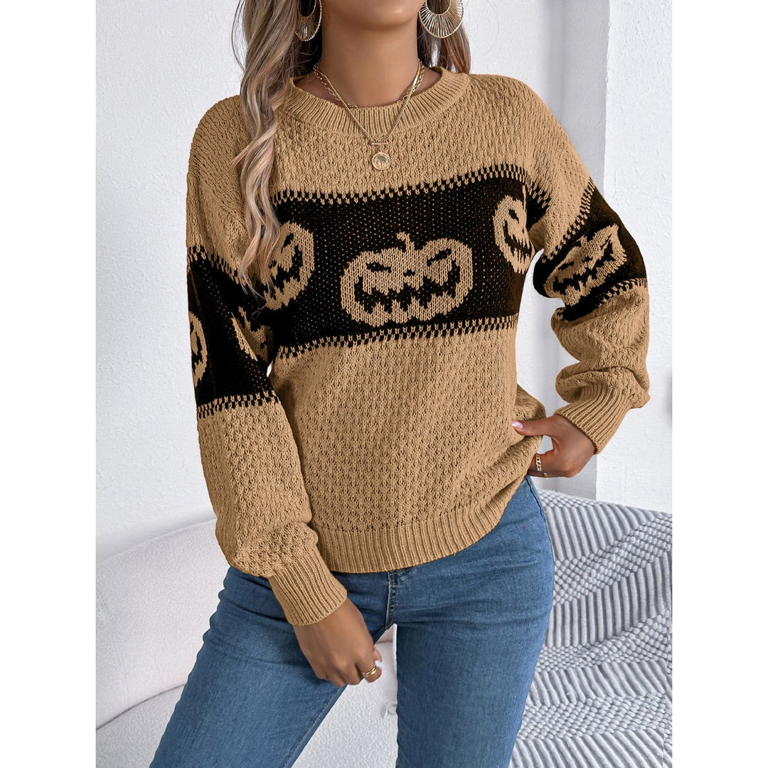 Maglione donna comodo girocollo per Halloween, design zucca festivo, abbigliamento autunno casual.