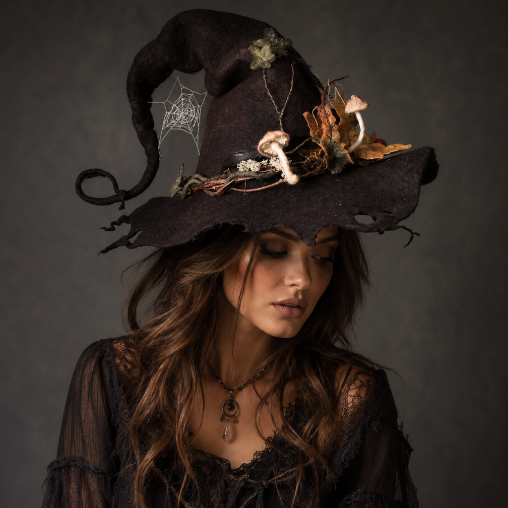 Cappello strega donna Halloween elegante, punta arricciata, decorazioni natura in feltro per travestimento fantasy.