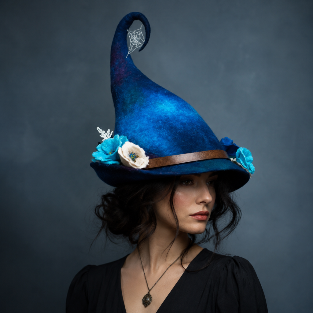 Accessorio costume strega donna Halloween, design fantasy con punta arricciata e dettagli natura misteriosi.