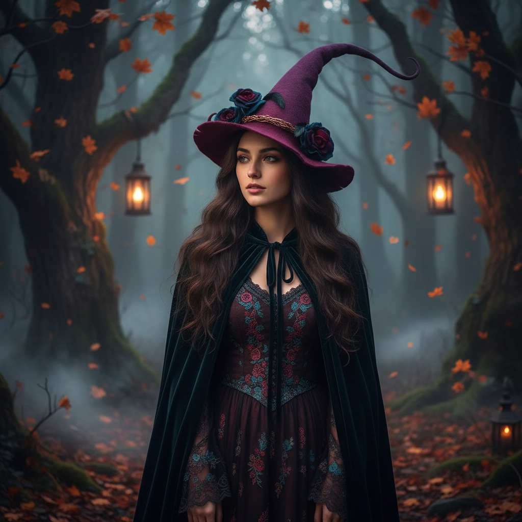 Cappello strega Halloween da donna con punta arricciata, perfetto per un look fantasy elegante e misterioso.