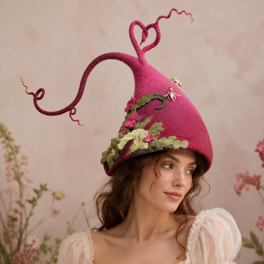 Cappello strega Halloween donna in feltro, punta arricciata e decori natura, ideale per costume elegante.