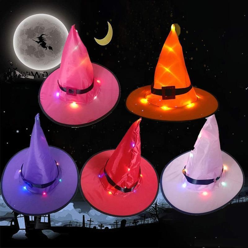 Cappello da strega Halloween nero con luci LED spettrali per decorazione festa esterno/interno.