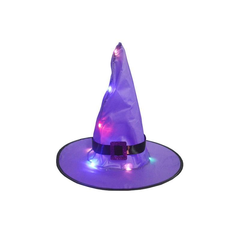 Decorazione Halloween: cappello da strega nero con luci LED integrate per feste, giardino e interni spettrali.