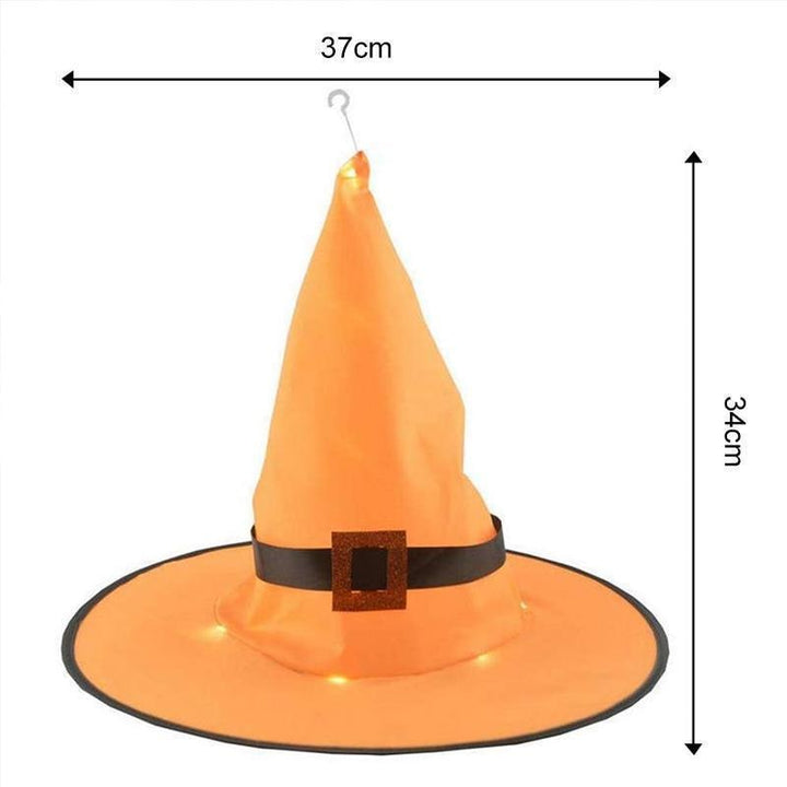 Accessorio Halloween riutilizzabile: cappello da strega nero con LED per atmosfera magica spettrale.