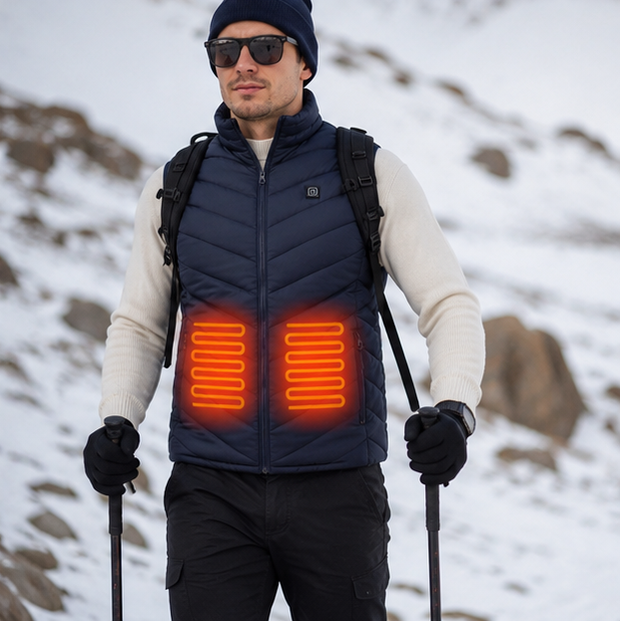 Gilet riscaldato nero, senza maniche, con collo alto per abbigliamento termico confortevole.