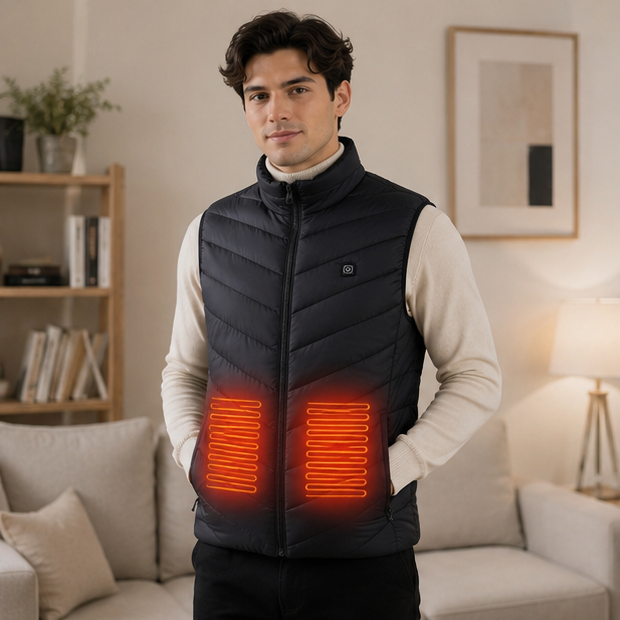 Gilet riscaldato ricaricabile per sport invernali, escursionismo, pesca; calore garantito.