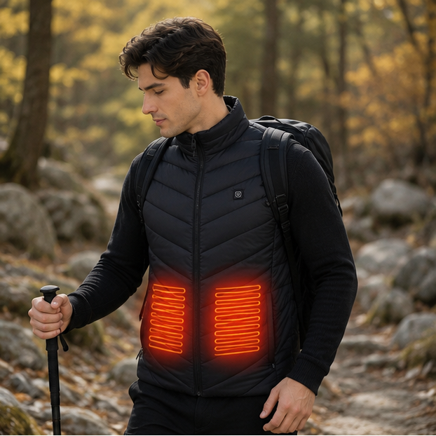 Primo piano del gilet riscaldato, collo alto che protegge da vento e freddo intenso in inverno.