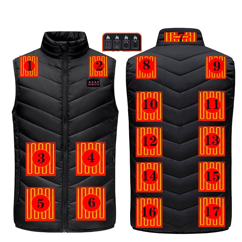 Dettaglio gilet riscaldato ricaricabile con USB, perfetto per campeggio e freddo invernale.