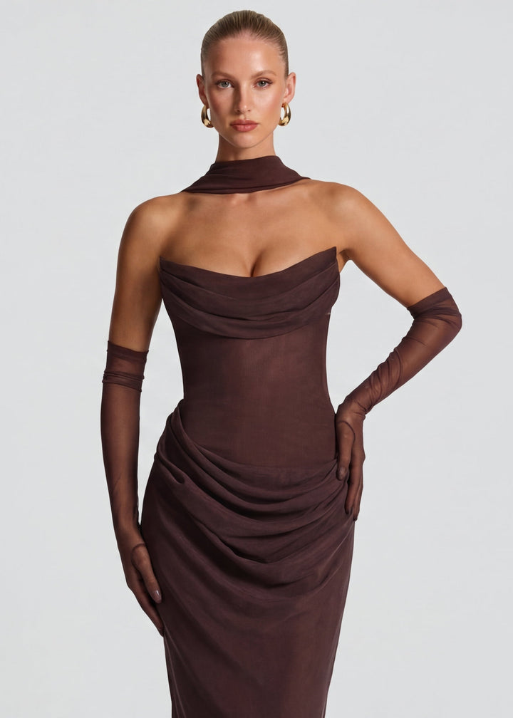 Maxi abito donna drappeggiato, colore blu notte, perfetto per sera o cerimonia. Vestito lungo elegante e alla moda.