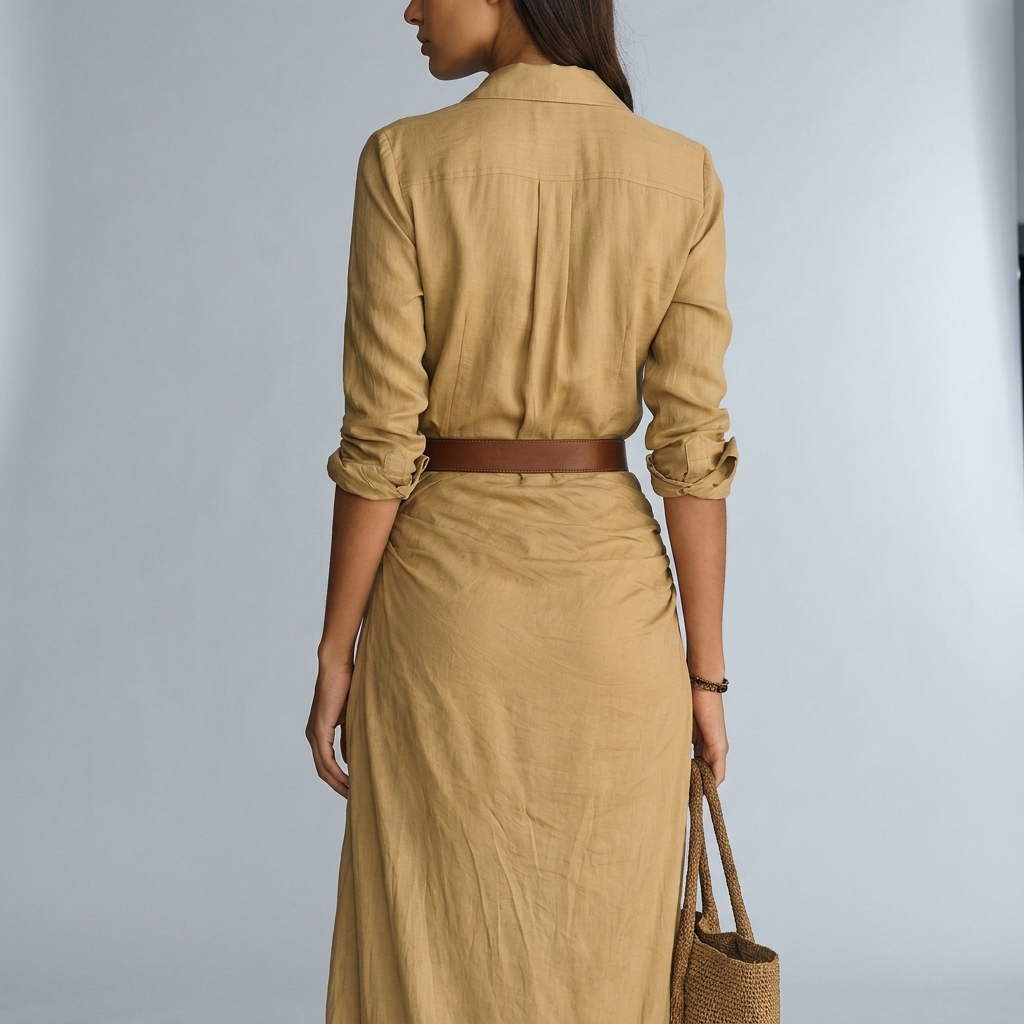Versatile abito chemisier lungo da donna, con bottoni e cintura, ideale per outfit casual o eleganti.