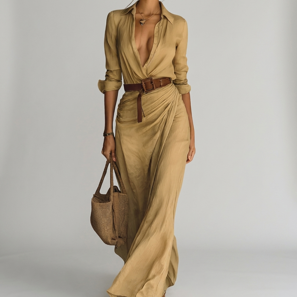 Abito chemisier lungo da donna, elegante, con bottoni frontali e cintura in vita, perfetto per un look sofisticato.